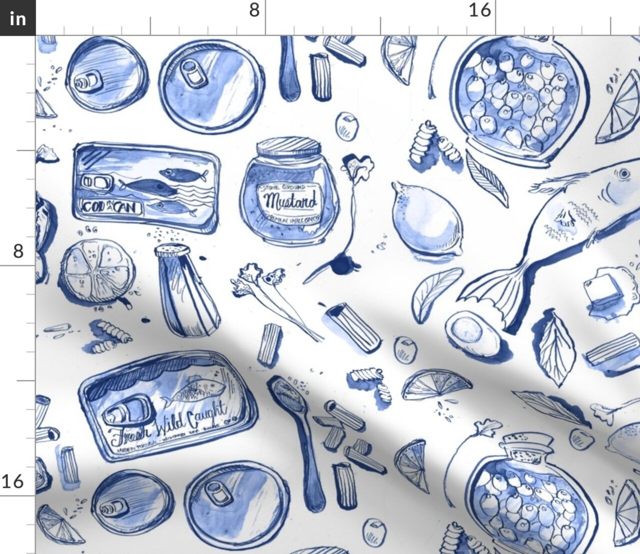 Blue Sardines Fish Summer Hand Drawn Monochromatic Brushstrokes Rustic Vacation Custom Printed Fabric by Spoonflower Various Fabrics by the Yard or Fat Quarter